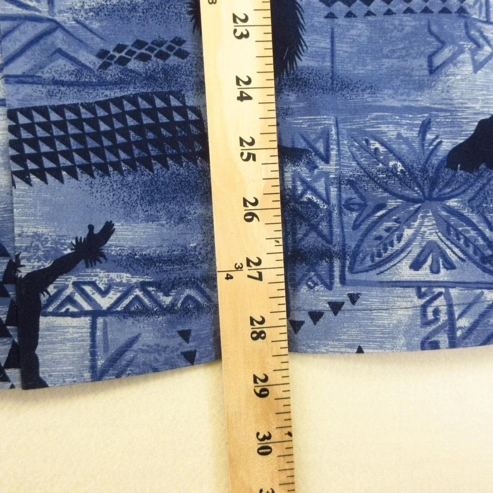 Malihini Vintage Hawaiian Shirt Mens M Blue Hula Dancer Tribal Print Aloha Camp‎